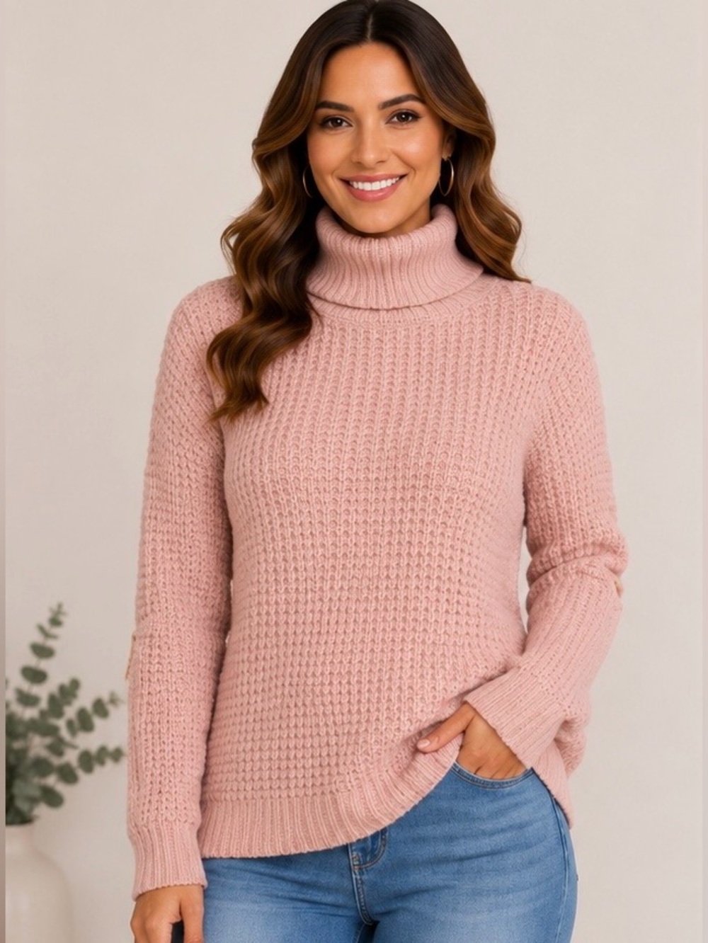 Guess Dalida Chunky Waffle Knit Turtleneck Sweater Pink Zip Sleeve Large